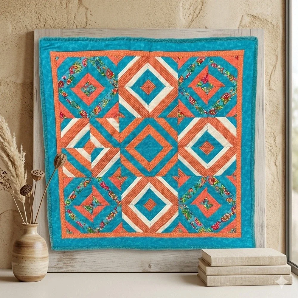 Handmade Geometric Quilted Lap Quilt Wall Hanging Throw Diamond 36x36